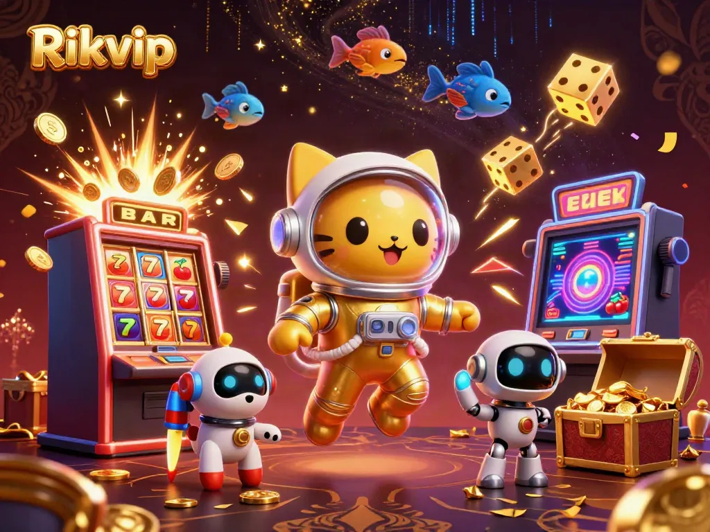 Rikvip reveals an exciting casino experience with cartoon characters and jackpot elements in a cosmic setting.