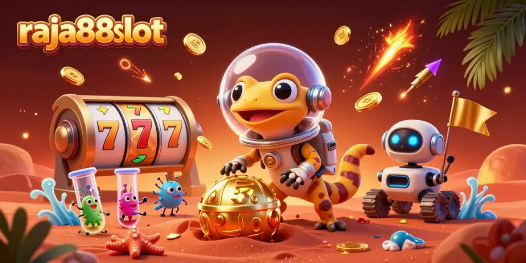 Experience the excitement of raja88slot with a Martian gecko discovering a vibrant online casino in a 3D illustration.