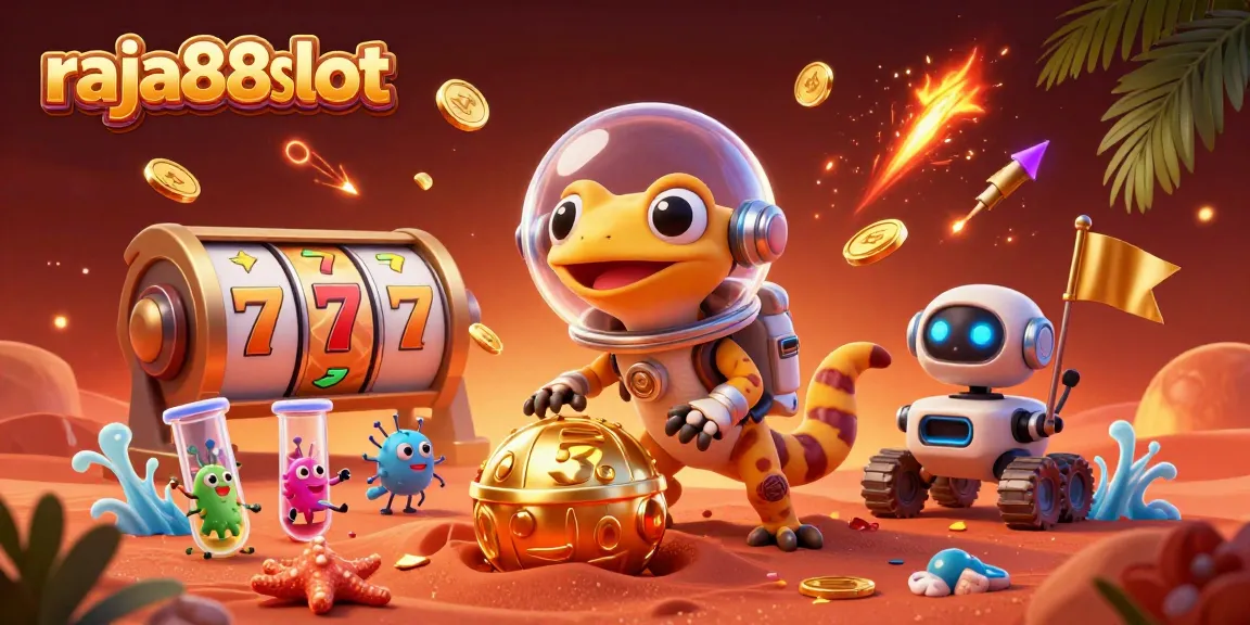 Experience the excitement of raja88slot with a Martian gecko discovering a vibrant online casino in a 3D illustration.