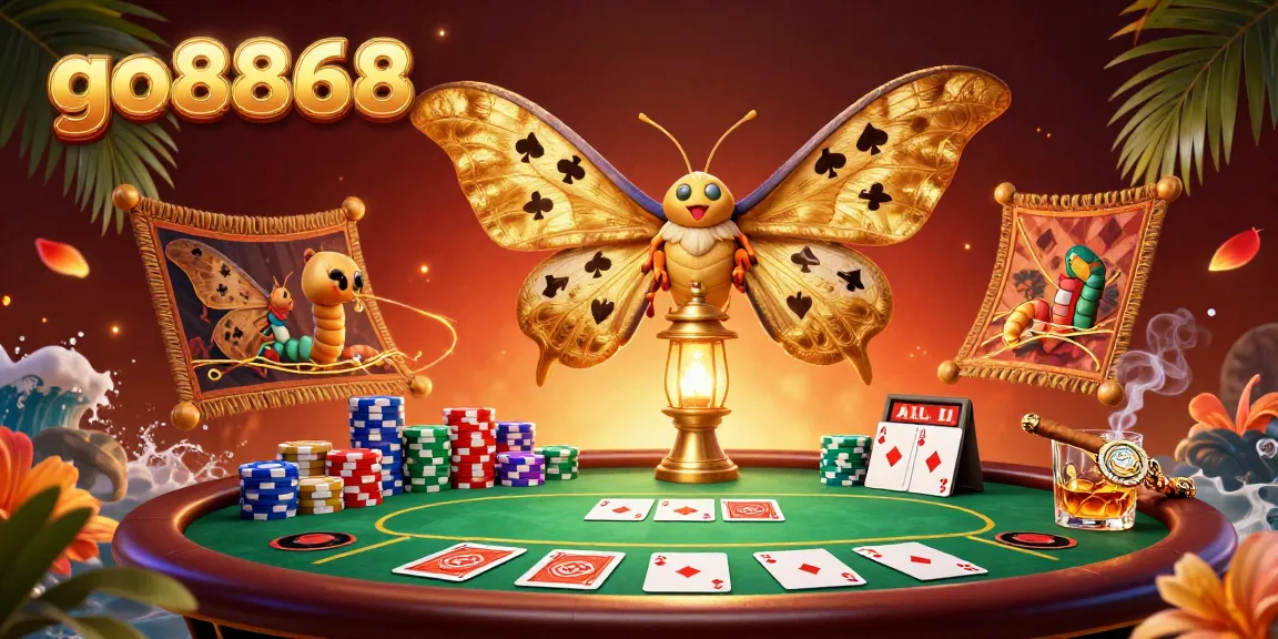 Experience thrilling poker action with go8868, featuring a striking atlas moth and vibrant casino elements.