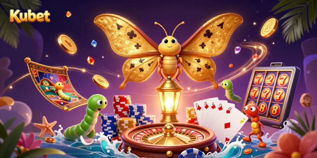 Kubet's dazzling 3D illustration showcases a vibrant casino world with golden butterflies and sparkling winnings.