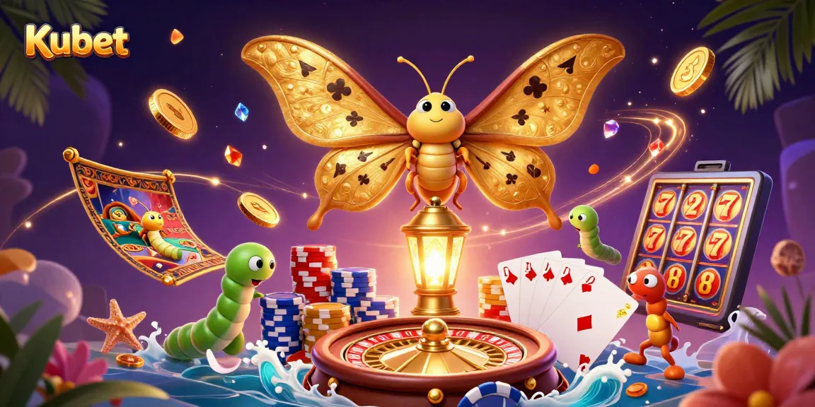 Kubet's dazzling 3D illustration showcases a vibrant casino world with golden butterflies and sparkling winnings.