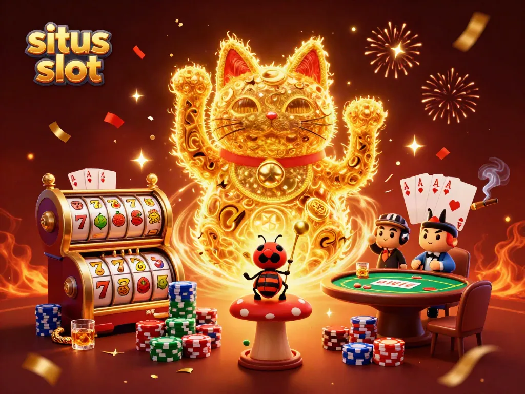 Menangkan situs slot dengan simbol keberuntungan, gulungan slot, dan kemenangan berpadu dalam ilustrasi