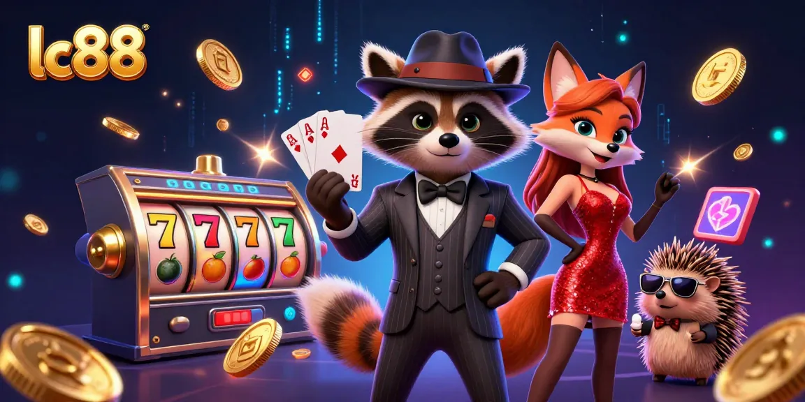 lc88 casino scene featuring raccoon and fox characters celebrating a win with vibrant slot machines and gold coins