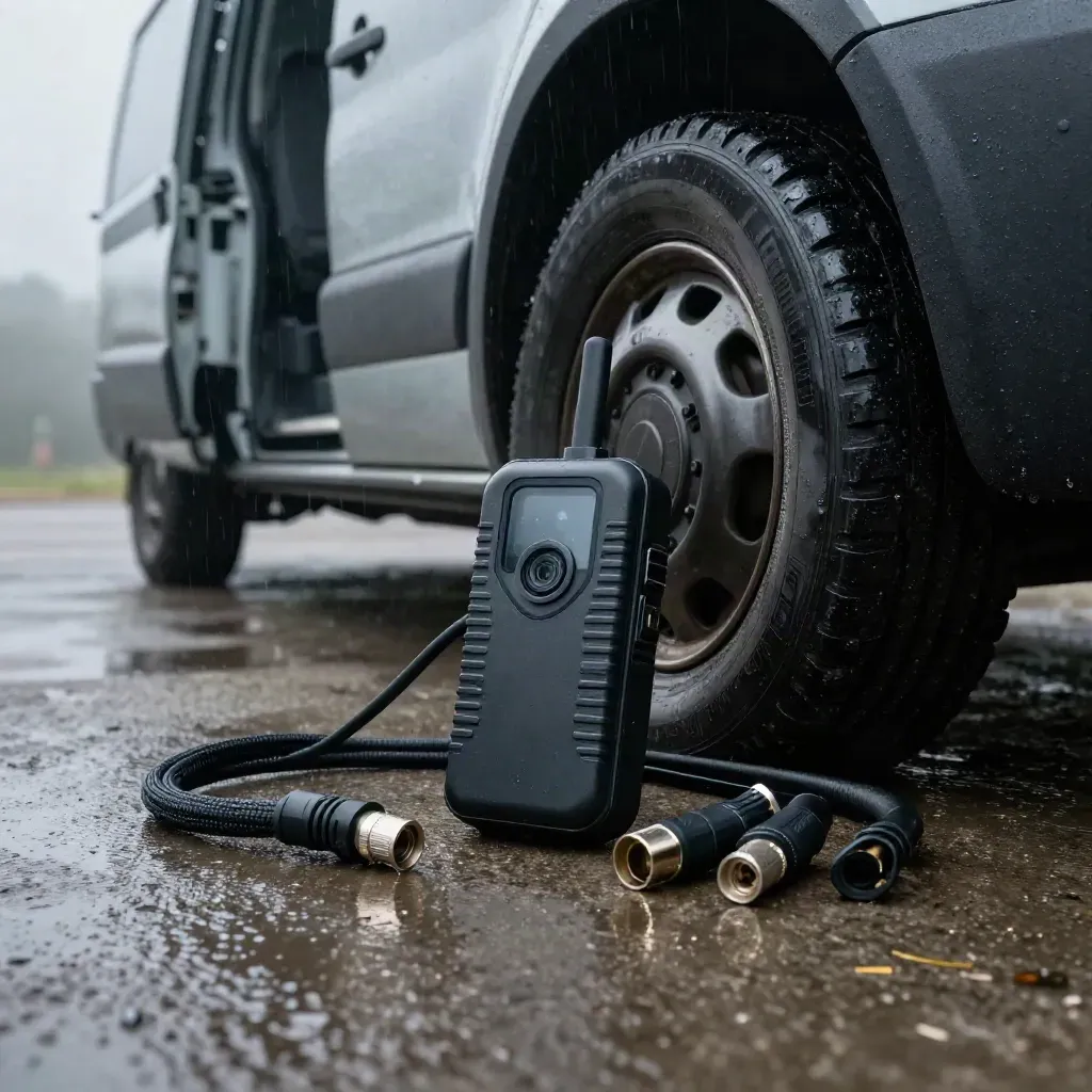 Zestaw GPS i przewodów przy mokrym kole dostawczaka w serwisie, po deszczu.