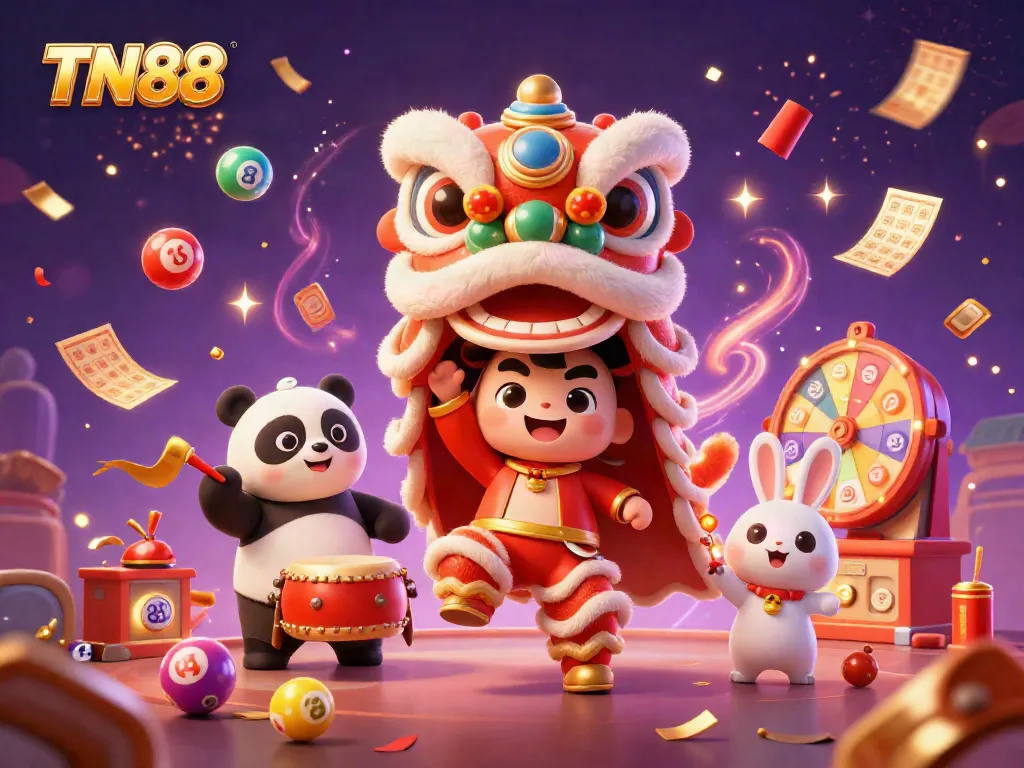Experience the excitement of TN88 with a vibrant scene of a lion dance and festive elements.