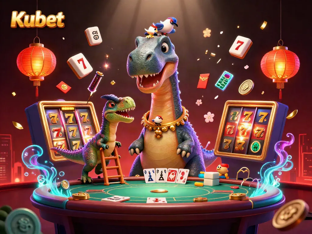 Kubet casino illustration featuring a giant brontosaurus, card-dealing raptor, and vibrant gaming elements.