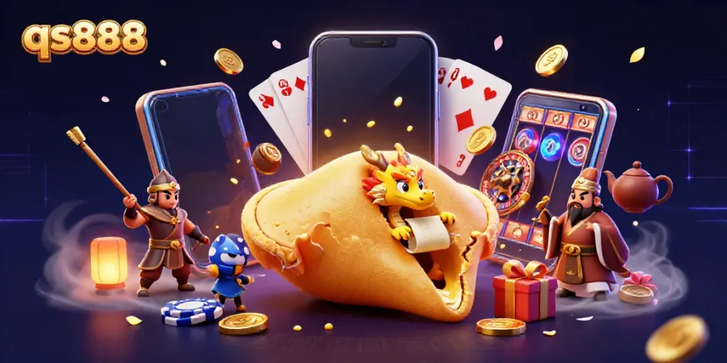 Engage with qs888's vibrant gambling world through a dynamic 3D illustration showcasing fortune cookies, gold coins, and casino elements.