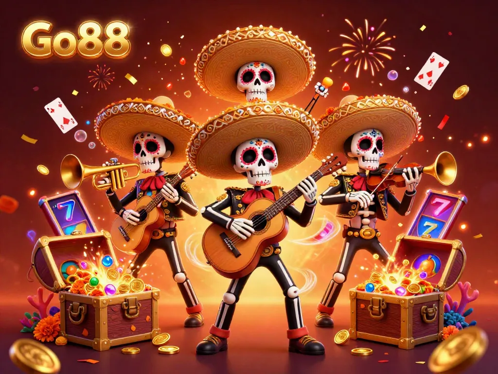 Join the exciting world of Go88 with a vibrant mariachi band and slots elements in a thrilling 3D digital scene.