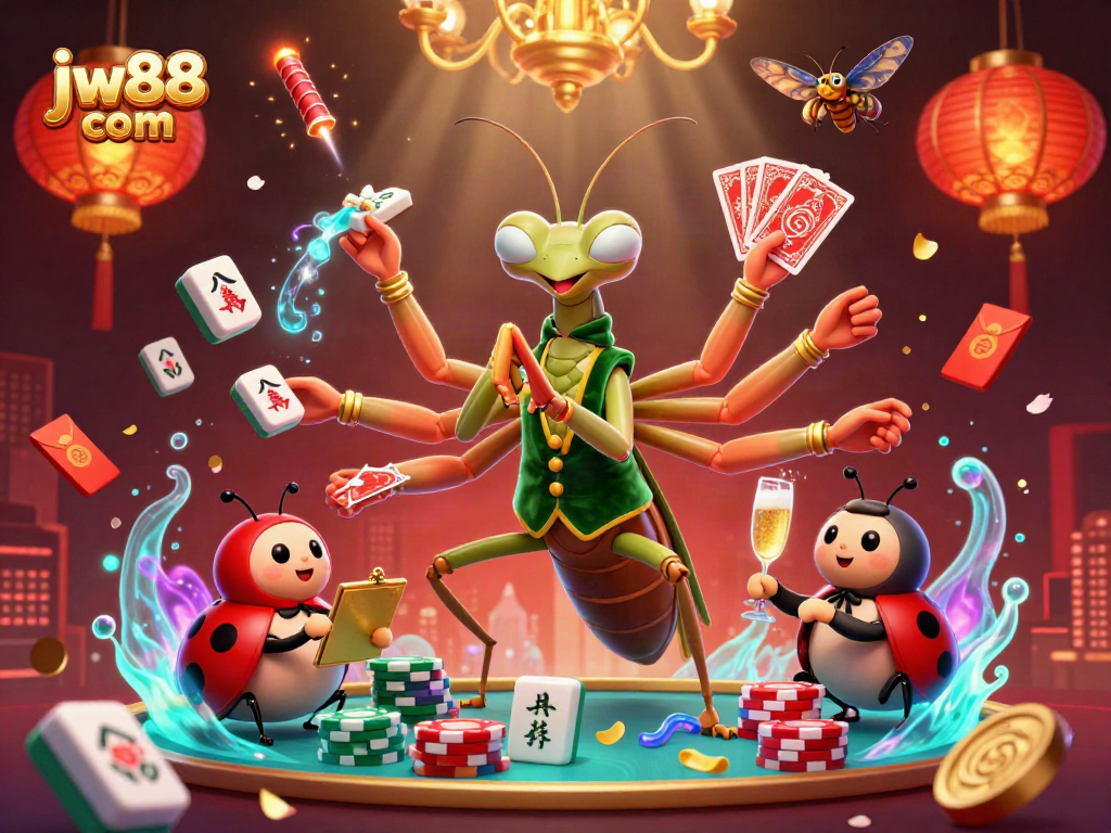 Engage with the vibrant scene at jw88 com where a mantis dealer and ladybug pit boss bring casino excitement alive.