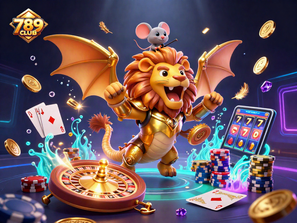 Victory at 789CLUB with a chimera creature and golden casino elements, thrilling gaming experience.