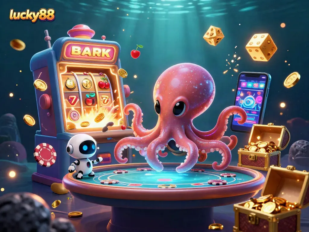 Engage with the vibrant lucky88 casino world as an alien octopus entertains with poker, surrounded by slot machine excitement and glowing treasures.