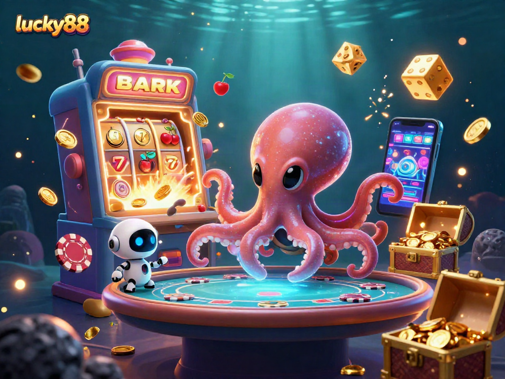 Engage with the vibrant lucky88 casino world as an alien octopus entertains with poker, surrounded by slot machine excitement and glowing treasures.