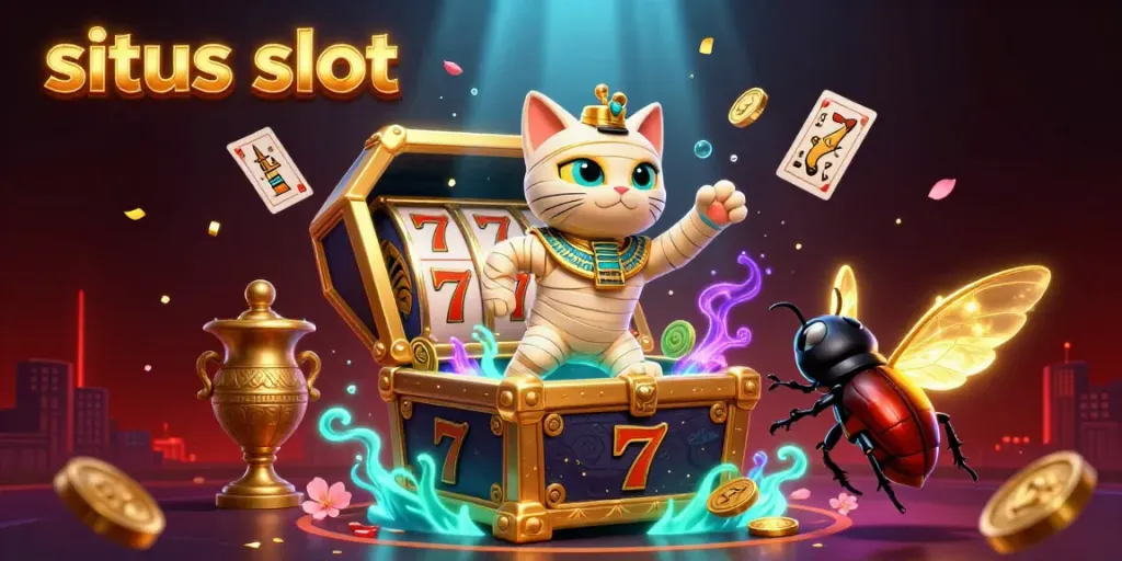 Experience the thrill of situs slot with a mummy cat emerging from a sarcophagus in an exciting casino atmosphere.