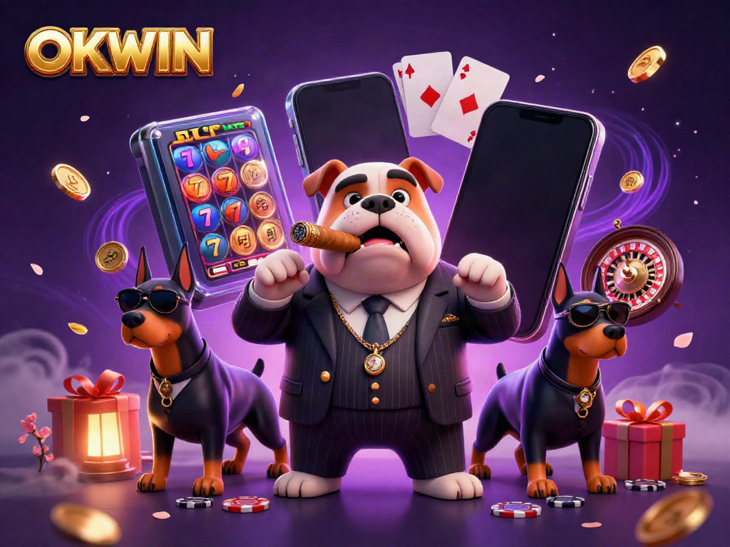 Engage with OKWIN's vibrant gambling world featuring a mafia bulldog and dynamic casino elements.