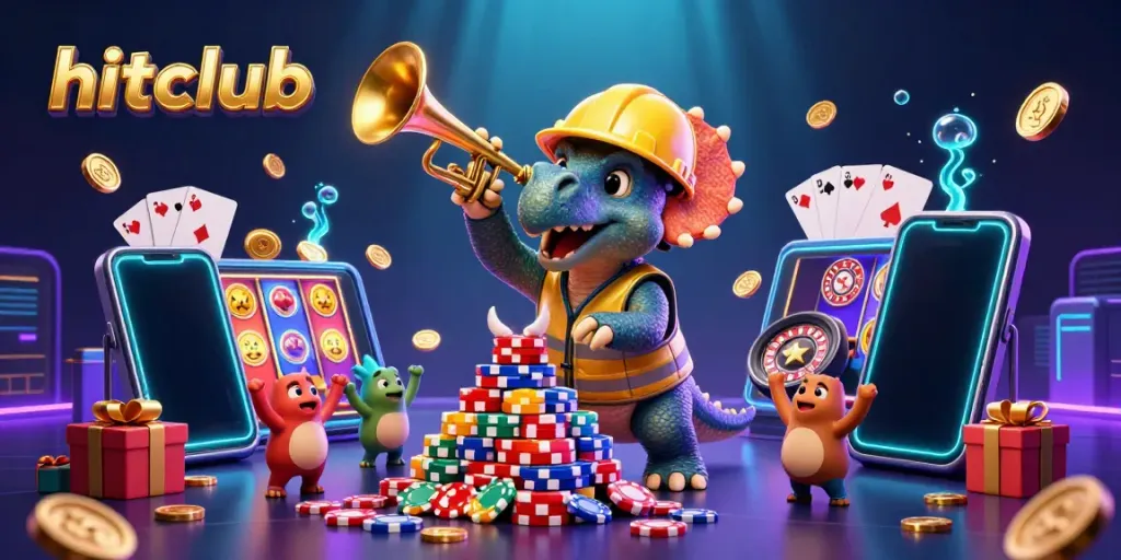 hitclub triumphantly showcases a cartoon scene with animated dinosaurs celebrating gambling elements and vibrant casino graphics