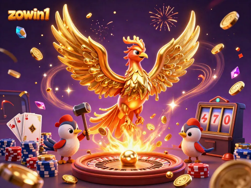 A dynamic scene showcasing zowin1 with a golden phoenix and casino elements, emphasizing vibrant gaming excitement.