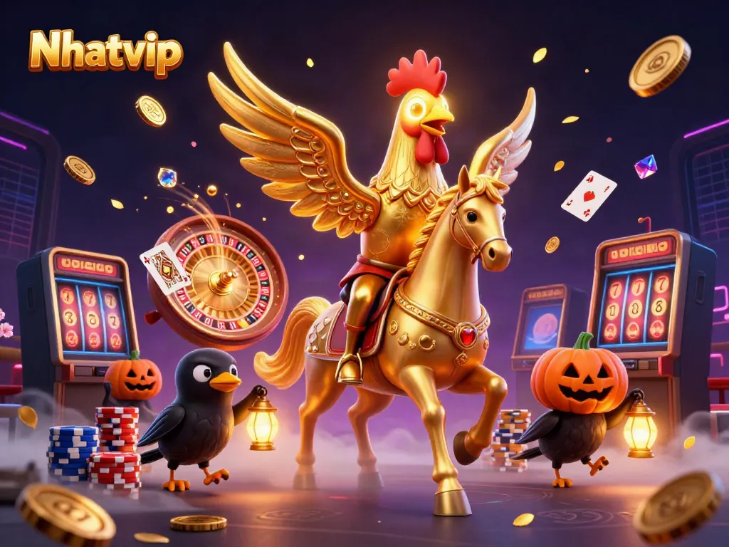 Nhatvip showcases a vibrant casino scene filled with golden coins, games, and whimsical characters.