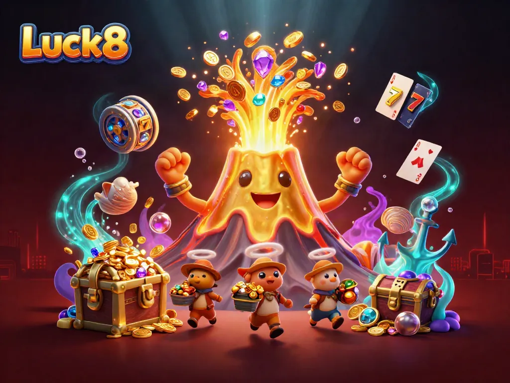 Luck8 engages players with thrilling slot games as the golden volcano erupts, showering coins and treasures.