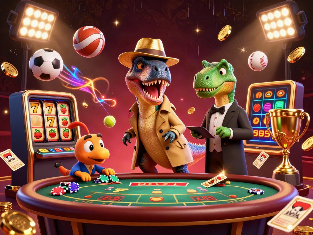 EEJL energizes the blackjack table with a dinosaur-themed card counter in a vibrant casino scene.