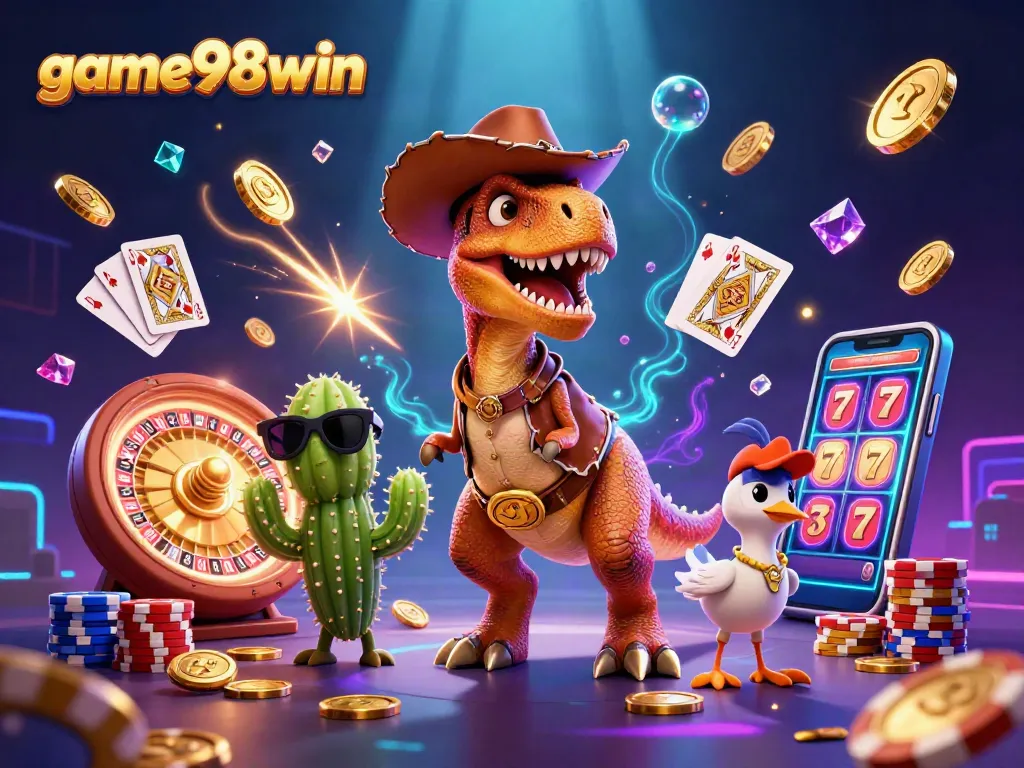 Game98win showcases a vibrant 3D scene with a cowboy dinosaur and poker elements promoting thrilling casino gameplay.