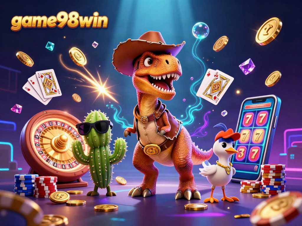 Game98win showcases a vibrant 3D scene with a cowboy dinosaur and poker elements promoting thrilling casino gameplay.