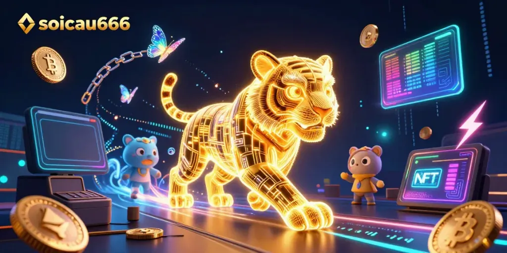 Engage with soicau666's vibrant digital casino landscape featuring a luminous tiger and crypto elements.