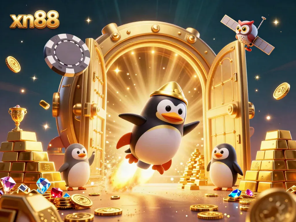 Experience winning at xn88 with a dazzling penguin flying toward a shimmering casino.