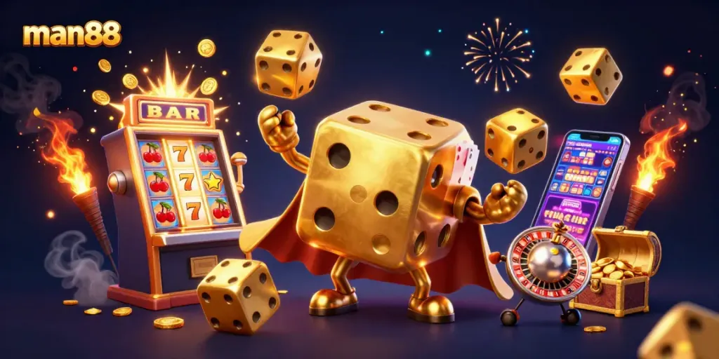 Experience the excitement of man88 through a dynamic 3D illustration of colorful casino elements and characters.
