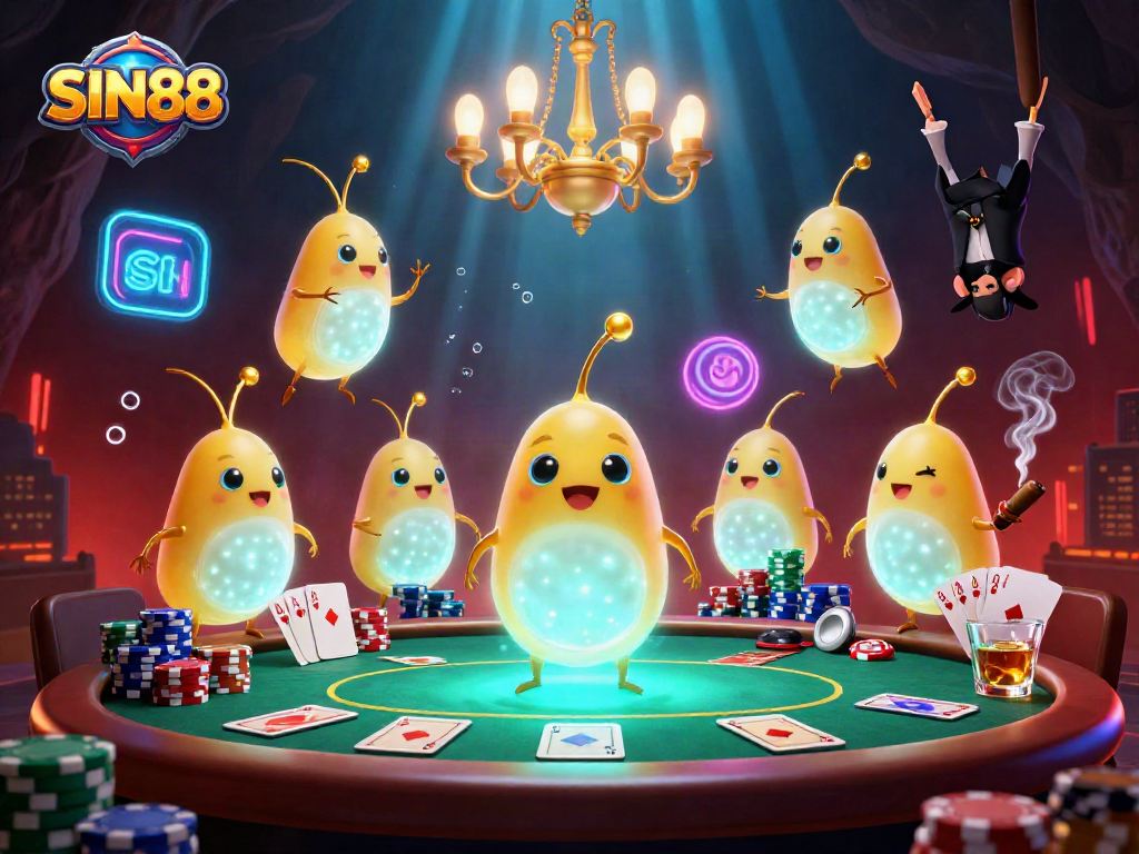 SIN88 offers lively gaming with glowworms lighting a dynamic poker scene in a cave casino.