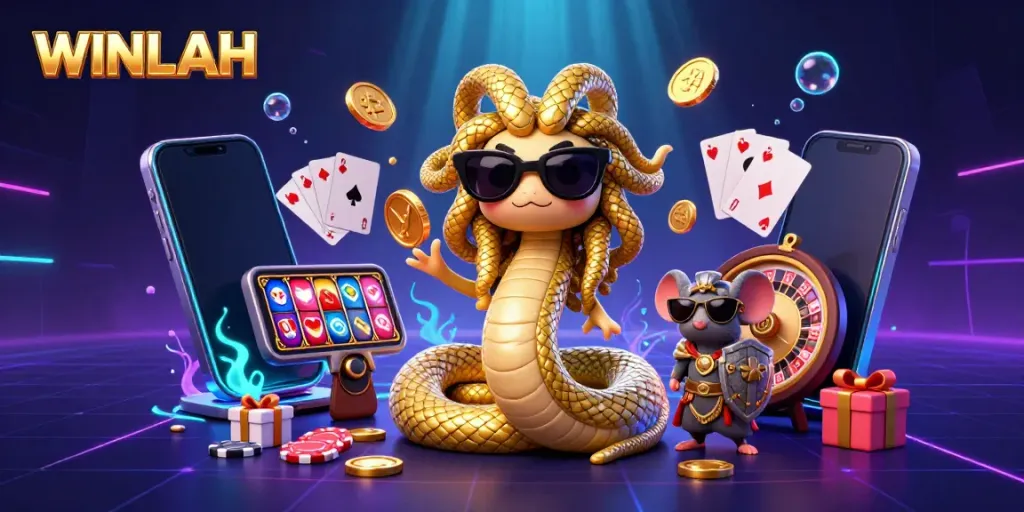 Experience WINLAH's thrilling casino action with golden coins erupting from a smartphone and vibrant gaming characters.