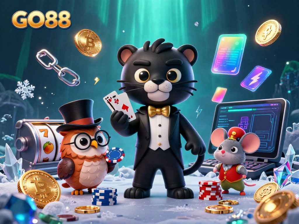Engaging GO88 illustration with a black panther dealer, owl, and lucky mouse at a vibrant casino scene.