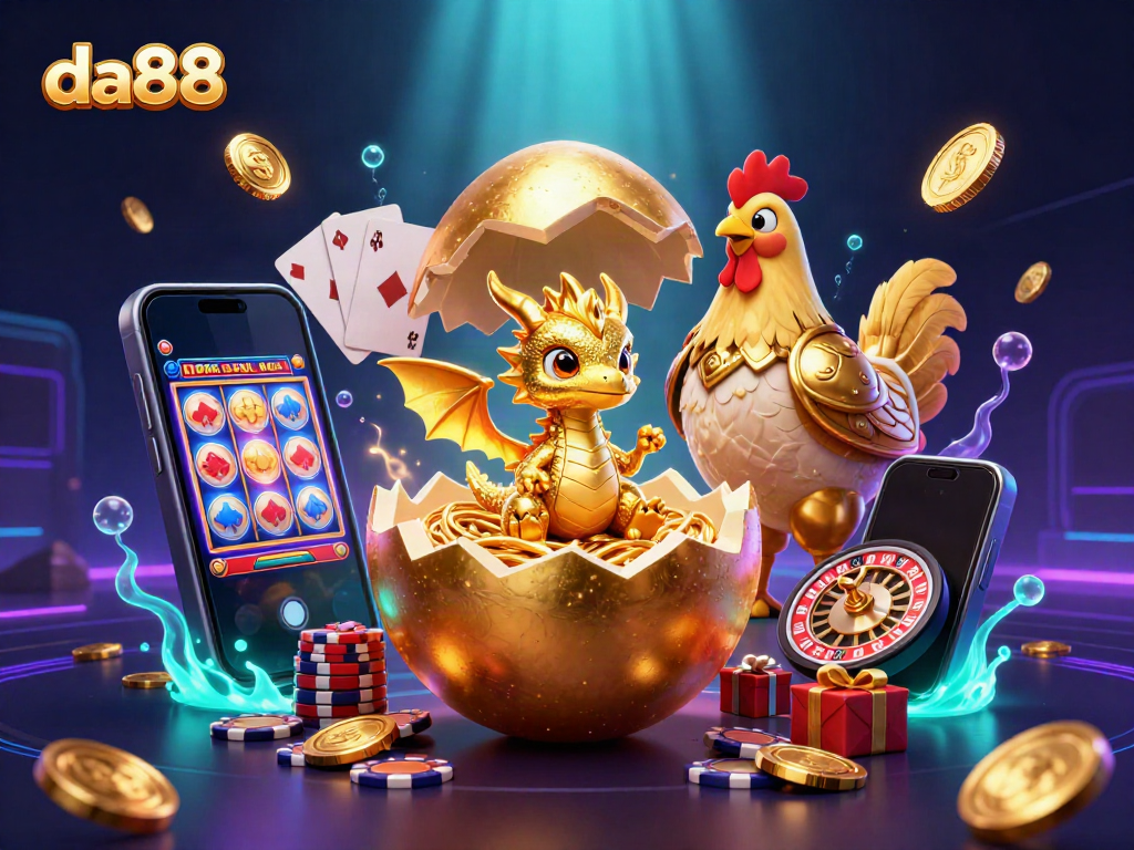 Engage with da88 casino experience featuring a dragon guardian amidst vibrant slot gaming elements.