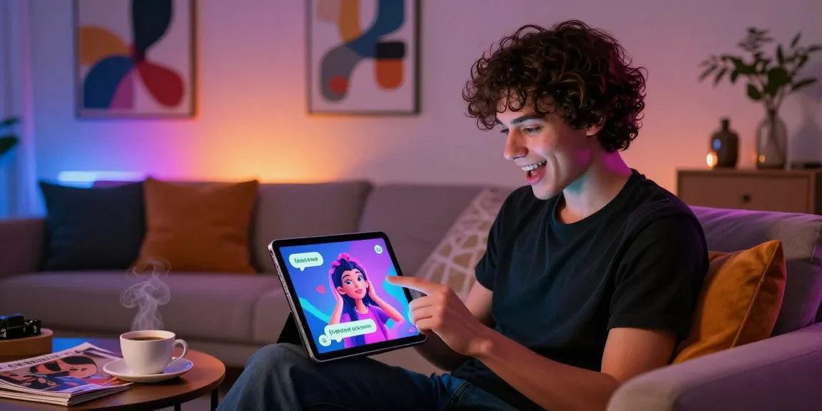 Person enjoying ai chat porn on a tablet in a cozy, stylish setting with vibrant character interaction.