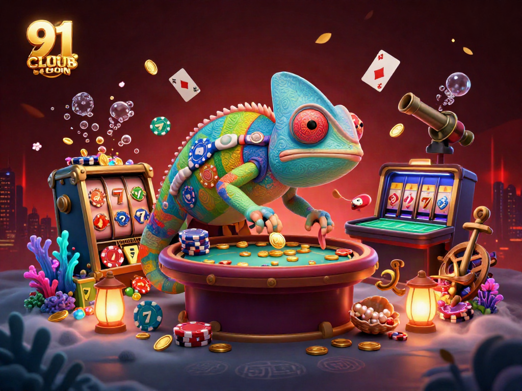 Engage in 91 CLUB LOGIN with a dynamic casino scene showcasing vibrant chameleon character and slot elements.