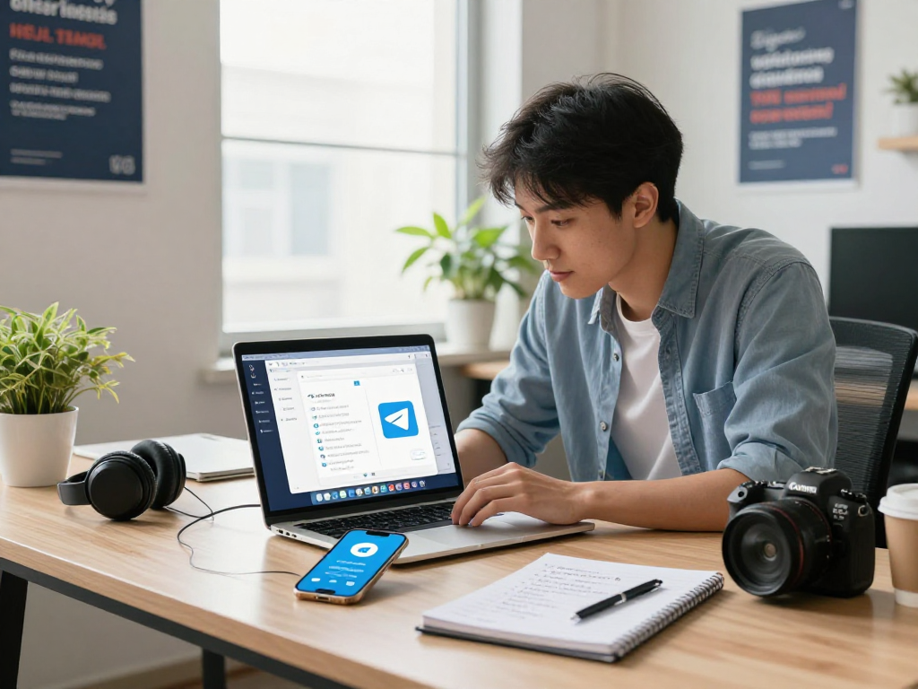 现代办公环境中的年轻专业人士使用Telegram 中文版进行高效交流。