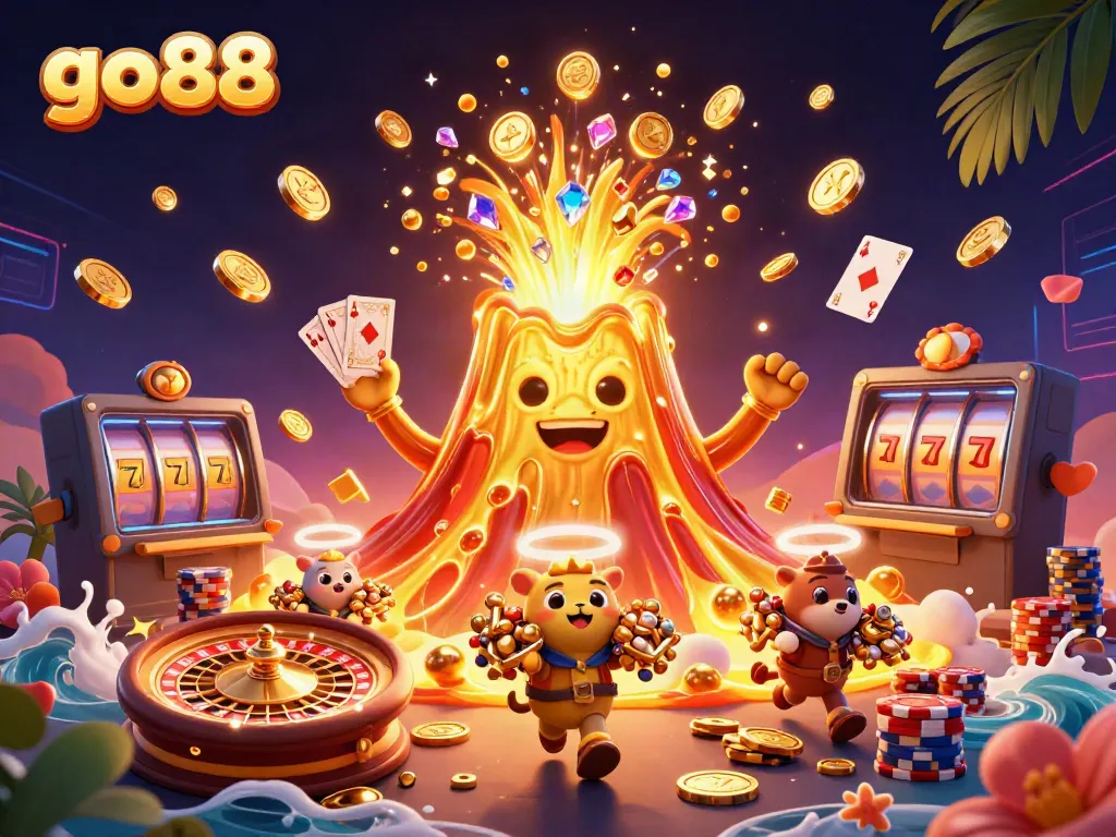 Engage with go88's thrilling casino adventure featuring a triumphant volcano erupting coins and treasures.