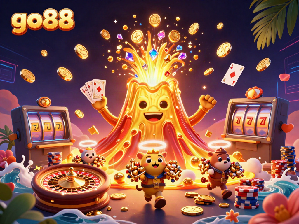 Engage with go88's thrilling casino adventure featuring a triumphant volcano erupting coins and treasures.