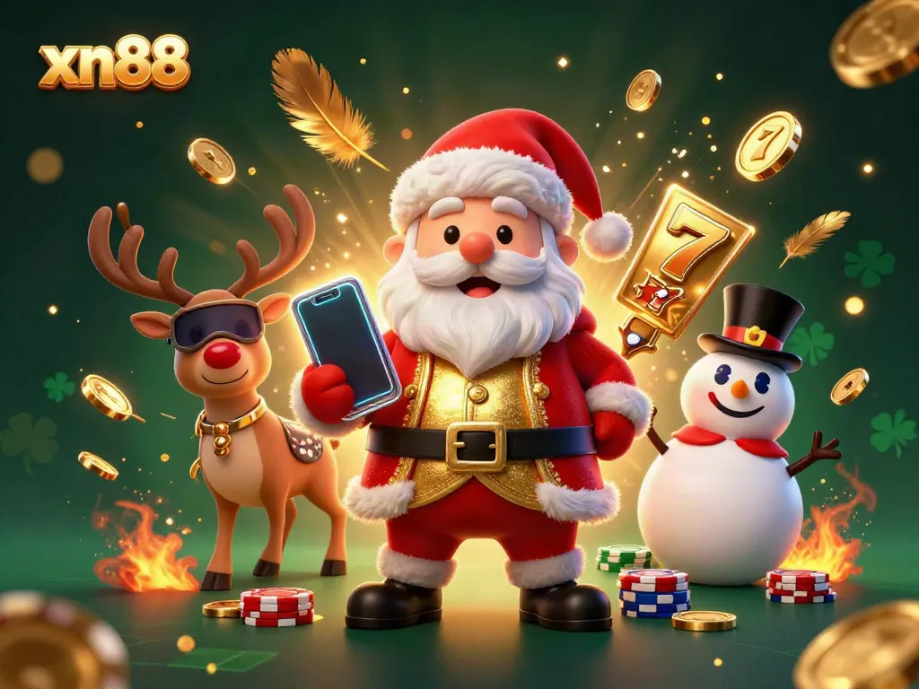 Spin the reels and win big with xn88 at this 3D festive online casino scene featuring playful characters.