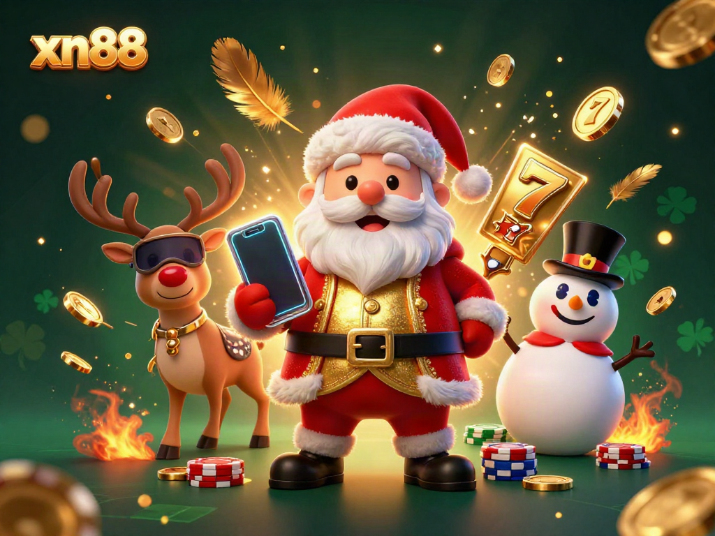Spin the reels and win big with xn88 at this 3D festive online casino scene featuring playful characters.