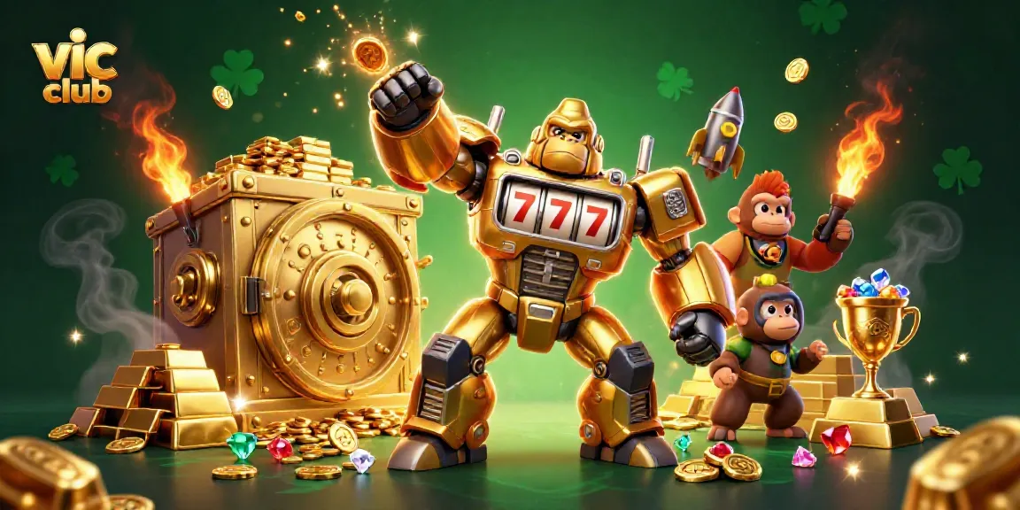 Experience the thrill of vic club with a golden gorilla mech surrounded by treasures in a vibrant casino scene.