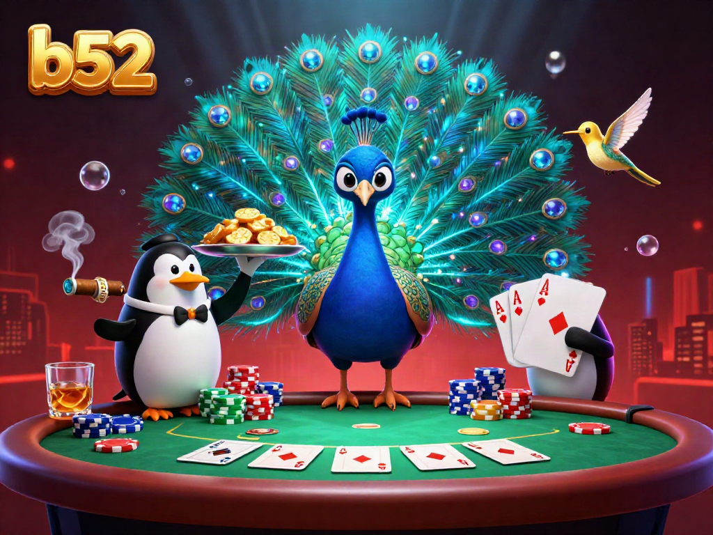 Experience vibrant gameplay at b52 with a dazzling casino scene featuring a peacock, penguin, and hummingbird.