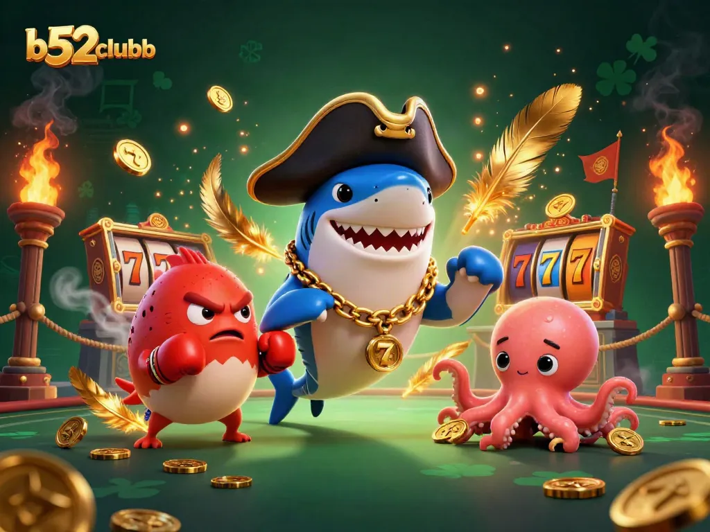 Engage in thrilling casino action with b52clubb in a vibrant 3D illustration featuring playful sea creatures.