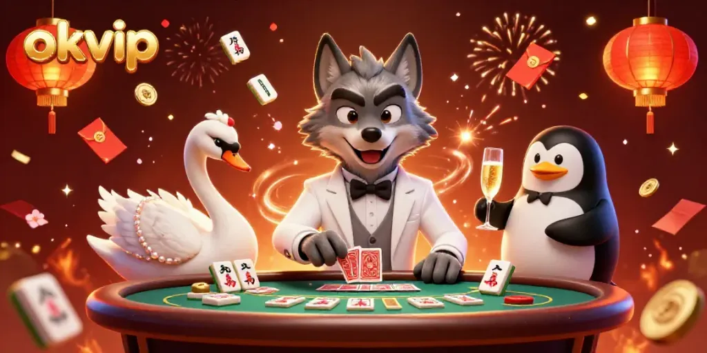 Experience exciting gameplay with okvip at a baccarat table featuring a wolf, swan, and penguin.