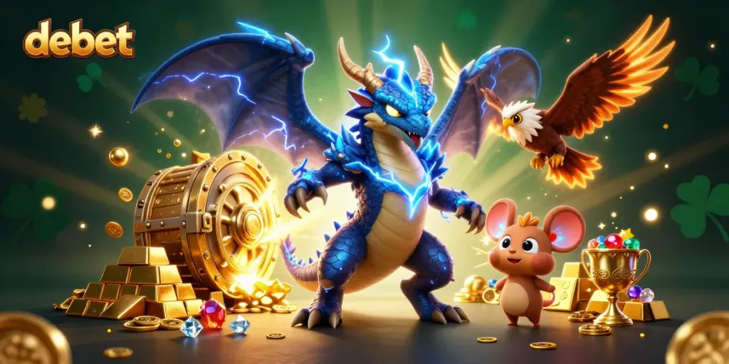 Win with debet in a 3D cartoon casino scene featuring dragons and treasures
