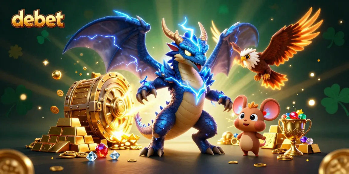 Win with debet in a 3D cartoon casino scene featuring dragons and treasures
