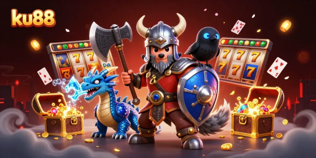 Engage in thrilling gameplay with ku88's vibrant casino adventure, featuring a Viking warrior and mystical elements.