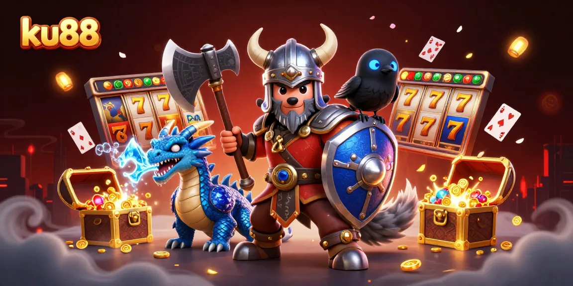 Engage in thrilling gameplay with ku88's vibrant casino adventure, featuring a Viking warrior and mystical elements.