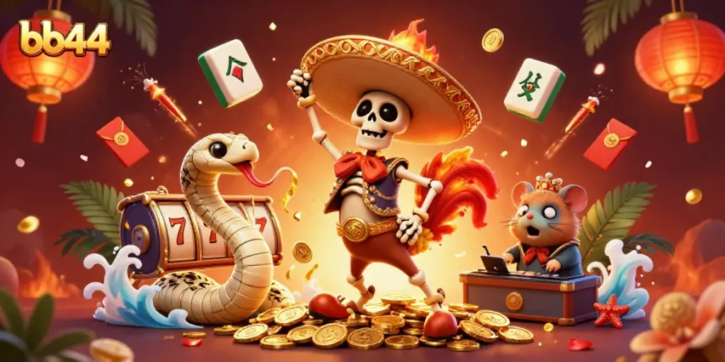 Join the celebration on bb44 with a lively skeleton mariachi rooster surrounded by festive casino elements.