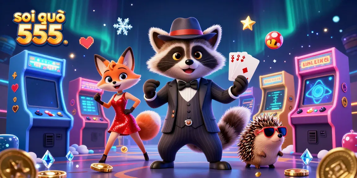 Engage with the vivid world of soi cầu 555, showcasing a raccoon and companions in a lively casino scene filled with vibrant 3D game elements.